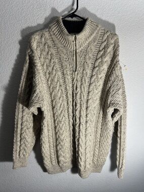 Carraig Donn Irish Knit Quarter Zip Sweater Size M 100% Pure New Wool Beige Tan